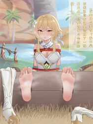 Rule 34 | 1girl, askad, barefoot, blonde hair, blush, boots, unworn boots, breasts, cleavage, feet, flower, foot focus, genshin impact, hair flower, hair ornament, highres, looking at viewer, lumine (genshin impact), medium breasts, oasis, palm tree, restrained, soles, solo, steam, stocks, sweat, toes, translation request, tree, yellow eyes