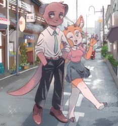 Rule 34 | 1boy, 1girl, aggressive retsuko, architecture, blue eyes, blush, bracelet, building, car, cerealnei, city, cityscape, couple, dating, east asian architecture, formal, furry, furry female, furry male, furry with furry, gazelle, green eyes, heart, hetero, highres, holding, hooves, jewelry, komiya (aggretsuko), lamppost, lantern, looking at viewer, meerkat, motor vehicle, motorcycle, one eye closed, open mouth, plant, road, sanrio, skirt, smile, sparkle, street, tail, thighhighs, tsunoda (aggretsuko), waving, writing