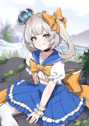 Rule 34 | 1girl, back bow, blue eyes, blue sailor collar, blue skirt, blurry, blurry background, bow, collarbone, crop top, crown, grey hair, hair bow, highres, indie virtual youtuber, marimari (vtuber), midriff, navel, open mouth, orange bow, pleated skirt, river, rock, sailor collar, shirt, short eyebrows, short sleeves, side ponytail, sitting, skirt, solo, suspenders, thighhighs, valefal coneri, virtual youtuber, water, white shirt, white thighhighs