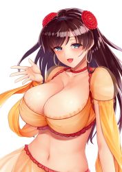 Rule 34 | 1girl, :d, bad id, bad pixiv id, blue eyes, blush, breasts, brown hair, choker, cleavage, collarbone, covered erect nipples, crop top, earrings, eyelashes, fate/grand order, fate (series), flower, hair flower, hair ornament, highres, hoop earrings, jewelry, large breasts, long hair, looking at viewer, mata hari (fate), navel, open mouth, palms, red choker, sarong, see-through, simple background, smile, solo, stomach, tomo (tomojo 8), tsurime, upper body, white background