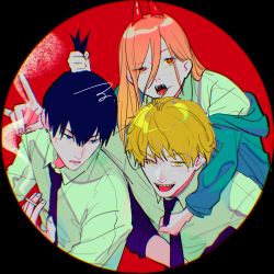 Rule 34 | + +, 1girl, 2boys, anger vein, angry, annoyed, black hair, black necktie, black pants, blonde hair, blue eyes, blue jacket, border, carrying, chainsaw man, cigarette, collared shirt, cross-shaped pupils, denji (chainsaw man), ear piercing, fangs, hair between eyes, happy, hayakawa aki, highres, holding, holding cigarette, holding hair, holding necktie, hood, hoodie, horns, jacket, jacket partially removed, long bangs, long hair, long sleeves, looking at another, looking at viewer, multiple boys, necktie, open mouth, pants, piercing, piggyback, pink hair, power (chainsaw man), red background, red eyes, red horns, round border, sharp teeth, shirt, short hair, simple background, smile, smoke, squinting, symbol-shaped pupils, teeth, topknot, ufufuahaha okg, white shirt, yellow eyes