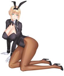 Rule 34 | 1girl, animal ears, aqua eyes, arm support, black jacket, blonde hair, blunt bangs, blush, bow, bowtie, braid, breasts, check commentary, cleavage, commentary, commentary request, covered erect nipples, damegane, detached collar, eyelashes, fake animal ears, felicia (damegane), french braid, full body, gloves, hairband, high heels, highleg, highleg leotard, highres, hip focus, jacket, kneeling, large breasts, legs, leotard, lips, looking at viewer, open clothes, open jacket, original, pantyhose, playboy bunny, rabbit ears, rabbit tail, sidelocks, simple background, smile, solo, tail, thighs, white background, white gloves, wrist cuffs