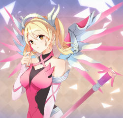 Rule 34 | 1girl, alternate hairstyle, argyle, argyle background, argyle clothes, blonde hair, breasts, dress, elbow gloves, fingerless gloves, fingernails, gloves, gradient background, green eyes, hair ribbon, halo, halterneck, holding, holding staff, looking at viewer, magical girl, mechanical halo, mechanical wings, medium breasts, medium hair, mercy (overwatch), nail polish, official alternate costume, overwatch, overwatch 1, parted lips, pink dress, pink gloves, pink mercy, pink nails, pink ribbon, pink wings, purple background, ribbon, solo, staff, tan background, taut clothes, tokiku, twintails, upper body, wings