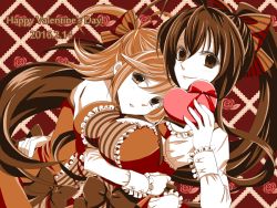 Rule 34 | 2girls, antenna hair, blazblue, blazblue remix heart, blush, bow, box, breast lift, breasts, brown bow, chocolate, dress, flower, frilled dress, frills, genderswap, genderswap (mtf), gift, gift box, hair bow, hair ribbon, happy valentine, heart, heart-shaped box, highres, hug, impossible clothes, impossible dress, large breasts, lolita fashion, long hair, long sleeves, looking at viewer, mai natsume, matching outfits, mithiruka, monochrome, multiple girls, parted lips, ponytail, red rose, ribbon, rose, sepia, shiori kirihito, smile, striped, striped bow, two side up, upper body, valentine, yuri