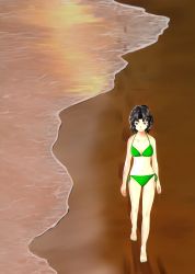 Rule 34 | 1girl, amagami, artist request, barefoot, beach, bikini, black hair, footprints, green bikini, kankon (idou toshokan), messy hair, sand, shadow, smile, solo, surf, swimsuit, tanamachi kaoru, walking