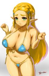 Rule 34 | 1girl, absurdres, awesomeerix, bikini, blonde hair, blue eyes, breasts, cameltoe, covered erect nipples, hair ornament, highres, lips, long hair, nintendo, pointy ears, princess zelda, solo, swimsuit, the legend of zelda, the legend of zelda: breath of the wild, thick thighs, thighs