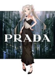 Rule 34 | 1girl, alternate costume, bag, black dress, collarbone, contemporary, contrapposto, dress, elf, formal, frieren, full body, green eyes, hand on own hip, hashtag-only commentary, highres, letterboxed, long hair, parted bangs, parted lips, pointy ears, prada (brand), product placement, shoulder bag, solo, sousou no frieren, standing, t.k.c, thick eyebrows, twintails, white hair