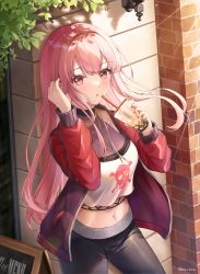 Rule 34 | 1girl, absurdres, black pants, blush, breasts, bubble tea, cleavage, crop top, cup, day, disposable cup, drink, drinking straw, floating hair, gold necklace, harukix, highres, holding, holding cup, holding drink, hololive, hololive english, jacket, jewelry, long hair, medium breasts, menu board, midriff, mori calliope, mori calliope (streetwear), navel, necklace, no headwear, official alternate costume, open mouth, outdoors, pants, pink eyes, pink hair, print shirt, red jacket, shirt, skull print, solo, sunlight, virtual youtuber