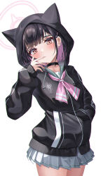 Rule 34 | 1girl, absurdres, animal ears, black choker, black hair, blue archive, blush, cat ears, chanpower233, choker, collarbone, colored inner hair, finger to mouth, flat chest, hair ornament, hairclip, halo, hand in pocket, highres, hood, hooded jacket, hoodie, jacket, kazusa (blue archive), long sleeves, looking at viewer, miniskirt, multicolored hair, neckerchief, pantyhose, pink hair, pink neckerchief, pleated skirt, red eyes, ribbed sleeves, short hair, skirt, solo, thighs, two-tone hair, white skirt
