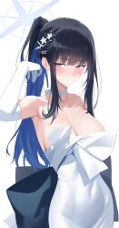 Rule 34 | 1girl, absurdres, bare shoulders, black hair, blue archive, blue eyes, blue hair, blush, breasts, choker, cleavage, colored inner hair, commentary request, covered navel, dress, elbow gloves, gloves, halo, highres, large breasts, leavv, long hair, looking at viewer, multicolored hair, official alternate costume, ponytail, saori (blue archive), sidelocks, simple background, solo, strapless, strapless dress, upper body, white background, white choker, white dress, white gloves