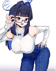 Rule 34 | 1girl, absurdres, adjusting eyewear, artist name, ass, bare shoulders, bent over, black hair, blue eyes, blue hair, blue pants, blunt bangs, breasts, clothing cutout, colored inner hair, denim, glasses, gluteal fold, hair intakes, hand on own hip, high-waist pants, highres, hololive, hololive english, jeans, jrpulse, large breasts, leaning forward, long hair, long sleeves, multicolored hair, official alternate costume, official alternate hair length, official alternate hairstyle, ouro kronii, ouro kronii (casual), pants, semi-rimless eyewear, shoulder cutout, solo, sweater, teeth, thighs, turtleneck, twitter username, upper teeth only, virtual youtuber, white sweater