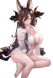 Rule 34 | 1girl, absurdres, animal ears, barefoot, black horns, breasts, brown hair, closed mouth, collarbone, extra ears, closed eyes, facing viewer, feet, galleon (granblue fantasy), granblue fantasy, hair between eyes, highres, horns, large breasts, leon v, light smile, long hair, long sleeves, naked shirt, navel, pointy ears, shirt, simple background, sitting, solo, sweat, white background, white shirt