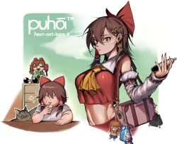 Rule 34 | 2girls, absurdres, ascot, bag, bow, breasts, brown hair, cabinet, cat, character request, charm (object), closed mouth, commentary request, cookie (touhou), crop top, detached sleeves, dual persona, dumbbell, ear piercing, earrings, fat, frilled hair tubes, frills, hair between eyes, hair bow, hair ornament, hair tubes, hairclip, hakurei reimu, handbag, heart, heart earrings, highres, jewelry, large breasts, looking at viewer, medium hair, multiple girls, navel, piercing, red bow, red eyes, red skirt, reu (cookie), ribbon trim, ru (cookie), shirt, skirt, sleeveless, sleeveless shirt, star (symbol), toteraba, touhou, upper body, white sleeves, yellow ascot
