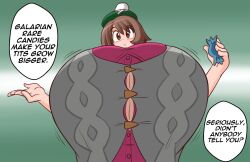 Rule 34 | 1girl, alternate breast size, blush, breast expansion, breasts, brown eyes, brown hair, bursting breasts, creatures (company), english text, game freak, gigantic breasts, gloria (pokemon), green headwear, hat, highres, looking at viewer, looking down, md5 mismatch, motion lines, nintendo, pokemon, pokemon swsh, rare candy, shirt, simple background, speech bubble, thesanstorm, tight clothes, tight shirt, underboob