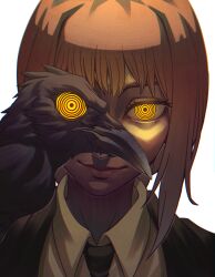 Rule 34 | 1girl, 1other, absurdres, bird, black jacket, black necktie, chainsaw man, collared shirt, crow, formal, glowing, glowing eyes, highres, jacket, looking at viewer, makima (chainsaw man), necktie, obarii, one eye covered, ringed eyes, shirt, sidelocks, simple background, smile, solo focus, suit, white background, white shirt, yellow eyes