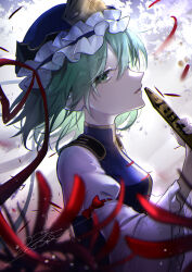 Rule 34 | 1girl, absurdres, blue hat, blue vest, flower, frilled hat, frilled sleeves, frills, green eyes, green hair, hair between eyes, hat, highres, long sleeves, open mouth, red flower, rod of remorse, rokuya (68 zusao), shiki eiki, shirt, signature, solo, spider lily, touhou, upper body, vest, white shirt