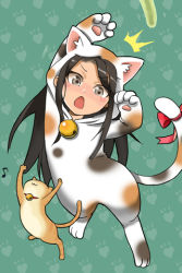 Rule 34 | 1girl, :3, ^^^, animal costume, animal ears, arms up, bell, black hair, blush, bow, cat costume, cat ears, cat tail, collar, grey eyes, jumping, kimur, layna scentriver, long hair, lowres, musical note, open mouth, parted bangs, quaver, ribbon, smile, solo, sword girls, tail, very long hair