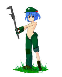 Rule 34 | 1girl, azishio, boots, female focus, flat chest, gloves, hair bobbles, hair ornament, hat, highres, kawashiro nitori, lowleg, lowleg panties, overalls, panties, solo, topless, touhou, twintails, underwear, wrench