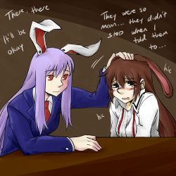 Rule 34 | 2girls, animal ears, blush, brown hair, comforting, crossover, crying, crying with eyes open, dlanon, english text, formal, headpat, light purple hair, long hair, lowres, multiple girls, necktie, rabbit ears, red eyes, red necktie, reisen udongein inaba, rwby, suit, tears, touhou, trait connection, velvet scarlatina