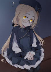 Rule 34 | 1girl, beret, black bow, black dress, black hat, black jacket, black pantyhose, bow, closed mouth, commentary request, cropped jacket, doll joints, dress, feet out of frame, forehead, glasses, glowing, glowing eyes, hat, hat bow, head tilt, highres, iberis (ogami kazuki), jacket, joints, light brown hair, light smile, long hair, long sleeves, looking at viewer, notice lines, ogami kazuki, orange eyes, original, pantyhose, parted bangs, puffy long sleeves, puffy sleeves, round eyewear, sitting, sleeves past wrists, solo, thick eyebrows, very long hair