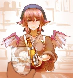 Rule 34 | 1girl, alcohol, animal ears, beer, bird wings, blush, bottle, counter, cup, didloaded, drinking glass, female focus, half-closed eyes, hat, japanese clothes, kimono, looking at viewer, mystia lorelei, okamisty, open mouth, pink eyes, pink hair, pov, sake bottle, sash, smile, touhou, wings, yukata