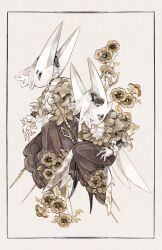 2girls arthropod arthropod_girl dress fioco_virus flower gloves hat highres holding holding_needle holding_weapon hollow_knight insect_wings leaf monochrome multiple_girls needle original simple_background weapon white_gloves wings