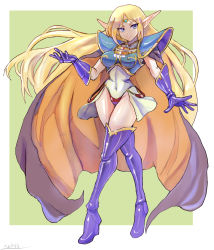 Rule 34 | 1girl, absurdres, armor, blonde hair, blue footwear, blue gloves, boots, breastplate, breasts, cape, covered navel, crossed legs, deedlit, elf, fantasy, floating hair, forehead jewel, gloves, highres, latex, leotard, long hair, long pointy ears, medium breasts, oomasa teikoku, open hands, pointy ears, record of lodoss war, shiny clothes, shoulder armor, solo, thigh boots, thighhighs