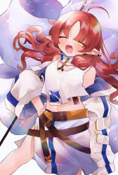 Rule 34 | 1girl, absurdres, ahoge, arknights, closed eyes, dwarf, ear piercing, flag, hand on own hip, highres, jacket, long hair, long sleeves, myrtle (arknights), navel, open clothes, open jacket, open mouth, piercing, pointy ears, red hair, simple background, skirt, smile, solo, takumi mizuki, tank top, white background, white flag, white jacket, white skirt, white tank top