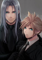 Rule 34 | 2boys, alternate costume, aqua eyes, beckey9415, black gloves, black jacket, black shirt, black suit, blonde hair, cloud strife, earrings, final fantasy, final fantasy vii, final fantasy vii remake, formal, gloves, green eyes, green hair, grey background, hand on another&#039;s shoulder, highres, jacket, jewelry, long hair, looking at viewer, male focus, multiple boys, necktie, parted bangs, sephiroth, shirt, short hair, single earring, smile, spiked hair, square enix, suit, upper body, white shirt