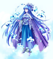Rule 34 | 1girl, blue eyes, blue footwear, blue hair, blue skirt, breasts, bubble, cape, commentary, frilled cape, frilled sleeves, frills, full body, hair between eyes, highres, houshin engi, hydrokinesis, large breasts, long hair, long skirt, long sleeves, looking up, open hand, parted lips, purple cape, ryuukitsu koushu, shoes, skirt, solo, su (pixiv44447), very long hair, water, wide sleeves
