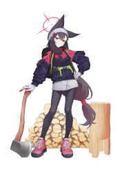 Rule 34 | 1girl, alternate costume, animal ears, axe, black hair, black jacket, black pantyhose, blue archive, blush, cheenack, closed mouth, extra ears, fox ears, full body, gloves, grey shorts, hair between eyes, halo, highres, jacket, long hair, long sleeves, low-tied long hair, pantyhose, red eyes, red footwear, red halo, shoes, shorts, simple background, solo, very long hair, white background, white gloves, yukino (blue archive)