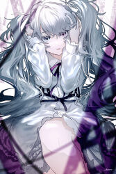 Rule 34 | 1girl, 25-ji miku, 25-ji nightcord de. (project sekai), absurdres, arare (artist), blue eyes, buttons, dress, expressionless, facing viewer, frilled sleeves, frills, grey hair, hair between eyes, hands on own head, hatsune miku, heterochromia, highres, knees up, long hair, looking at viewer, pale skin, pink eyes, project sekai, purple ribbon, ribbon, signature, solo, twintails, very long hair, vocaloid, white dress