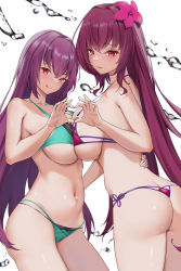 Rule 34 | 2girls, :q, ass, bikini, breasts, butt crack, fate/grand order, fate (series), flower, green bikini, hair flower, hair ornament, highres, large breasts, long hair, looking at viewer, multiple girls, nolmo, purple hair, red bikini, red eyes, scathach (fate), scathach (fate/grand order), scathach (swimsuit assassin) (fate), scathach skadi (fate), scathach skadi (swimsuit ruler) (fate), scathach skadi (swimsuit ruler) (final ascension) (fate), simple background, smile, swimsuit, tongue, tongue out, white background