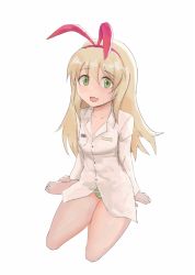 Rule 34 | 1girl, :d, blonde hair, breast pocket, cicini (rabi-ribi), commentary, commission, dress shirt, english commentary, fang, green eyes, hair between eyes, hairband, long hair, looking at viewer, no pants, open mouth, panties, pocket, quentin lecuiller, rabi-ribi, shirt, simple background, sitting, smile, solo, striped clothes, striped panties, underwear, white background, white shirt, yokozuwari