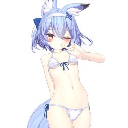 Rule 34 | 1girl, 3d, absurdres, animal ear fluff, animal ears, armadillon, bare shoulders, bell, bikini, blue hair, blush, breasts, collar, contrapposto, cowboy shot, finger to mouth, fox ears, fox girl, fox tail, groin, hair ribbon, hairband, highres, legs together, looking at viewer, micro bikini, navel, neck bell, one eye closed, original, ribbon, side-tie bikini bottom, small breasts, smile, solo, standing, swimsuit, tail, underboob, vrchat, white bikini, yellow eyes, yuuko-zoku no onee-chan