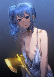 Rule 34 | 1girl, :d, absurdres, axe, azur lane, bare shoulders, black background, blue background, blue eyes, blue hair, bow (bhp), breast conscious, breasts, choker, collarbone, color connection, cosplay, dress, earrings, empty eyes, gradient background, grey background, grey dress, hair between eyes, halter dress, halterneck, highres, hololive, hoshimachi suisei, jewelry, long hair, look-alike, open mouth, outline, oversized clothes, see-through, shiny skin, side ponytail, sidelocks, silver dress, small breasts, smile, solo, spaghetti strap, split mouth, st. louis (azur lane), st. louis (azur lane) (cosplay), st. louis (luxurious wheels) (azur lane), standing, star (symbol), star choker, star earrings, star in eye, starry background, symbol in eye, virtual youtuber