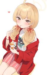 Rule 34 | 1girl, blonde hair, blue archive, blush, brown eyes, closed mouth, clothes writing, colored shadow, commentary request, food, food request, gucchiann, hair between eyes, hair over shoulder, hair ribbon, heart, highres, holding, holding spoon, jacket, low twintails, off shoulder, open clothes, open jacket, pink skirt, pleated skirt, red jacket, red ribbon, ribbon, shadow, shirt, simple background, skirt, smile, solo, spoon, twintails, white background, white shirt, yoshimi (band) (blue archive), yoshimi (blue archive)