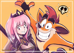 Rule 34 | 1boy, 1girl, black gloves, blue eyes, blunt bangs, breasts, cape, cleavage, commentary, crash bandicoot, crash bandicoot (series), english commentary, fingerless gloves, furry, gloves, hololive, hololive english, kevin fagaragan, long hair, looking at viewer, looking to the side, mori calliope, open hand, pink hair, sidelocks, smile, spikes, sweatdrop, tiara, veil, virtual youtuber