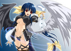 Rule 34 | 1girl, arc system works, asymmetrical wings, blue hair, bow, breasts, dizzy (guilty gear), feathers, guilty gear, hair bow, hino akira, large breasts, long hair, midriff, navel, open mouth, red eyes, ribbon, solo, tail, tail ornament, tail ribbon, thighhighs, twintails, underboob, very long hair, wings