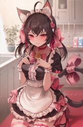 Rule 34 | 1girl, absurdres, ahoge, animal ears, apron, bell, blush, bow, brown hair, cat ears, cat girl, cat tail, choker, dress, frilled apron, frilled dress, frills, hair bow, highres, indoors, kneeling, long hair, maid, maid headdress, original, pink bow, pink eyes, solo, tail, thighhighs, thighs, twintails, zerocat
