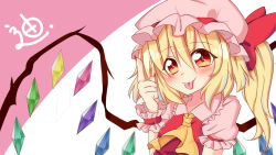 Rule 34 | 1girl, :p, blonde hair, blush, bow, breasts, collared shirt, crystal, fingernails, flandre scarlet, frilled shirt collar, frilled sleeves, frills, hair between eyes, hat, hat bow, hat ribbon, head tilt, highres, index finger raised, looking at viewer, medium hair, multicolored wings, nail polish, one side up, pink background, pink hat, pink shirt, puffy short sleeves, puffy sleeves, red eyes, red nails, red ribbon, red vest, ribbon, ribbon-trimmed headwear, ribbon trim, sharp fingernails, shirt, short sleeves, simple background, sleeve ribbon, small breasts, solo, suwa genbu, tongue, tongue out, touhou, upper body, vest, white background, wings, wrist cuffs