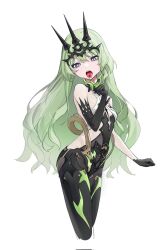 Rule 34 | 1girl, black gloves, breasts, claw ring, cropped legs, fei mao, forked tongue, gloves, green hair, hair between eyes, headpiece, highres, honkai (series), honkai impact 3rd, jewelry, long hair, looking at viewer, mobius (honkai impact), open mouth, simple background, small breasts, solo, tongue, tongue out, very long hair, white background