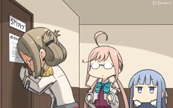 Rule 34 | 3girls, ahoge, blazer, blue hair, blunt bangs, braid, brown hair, collared shirt, commentary request, crown braid, dated, disembodied head, door, epaulettes, folded ponytail, glasses, gloves, halterneck, hamu koutarou, hatsukaze (kancolle), highres, jacket, kantai collection, katori (kancolle), long hair, long sleeves, makigumo (kancolle), military, military uniform, multiple girls, one-hour drawing challenge, parted bangs, pink hair, shirt, translation request, twintails, uniform, white gloves, white shirt