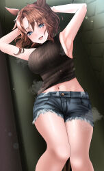 Rule 34 | absurdres, alternate costume, animal ears, armpits, arms up, bare shoulders, black sweater, blue eyes, blush, commentary request, denim, denim shorts, ear ornament, feet out of frame, hair between eyes, highres, horse ears, horse girl, horse tail, looking at viewer, lying, medium hair, mejiro palmer (umamusume), midriff, multicolored hair, navel, on back, open mouth, po musubi, ponytail, shorts, sleeveless, sleeveless turtleneck, smile, streaked hair, sweater, tail, turtleneck, umamusume, visible air, white hair