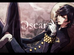 Rule 34 | 1boy, androgynous, black hair, boots, buttons, character name, cigarette, floral print, flower, grey eyes, looking at viewer, lupin iii, male focus, oscar (lupin), ren mizuha, sitting, smoke, smoking, solo, wavy hair