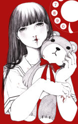 Rule 34 | bleeding, blood, blood on hands, cropped torso, dial, holding, holding stuffed toy, long hair, looking up, m0401, nosebleed, original, parted lips, partially colored, red background, red ribbon, ribbon, rolling eyes, sailor collar, school uniform, serafuku, short sleeves, solo, straight hair, stuffed animal, stuffed toy, teddy bear, white sailor collar, white serafuku