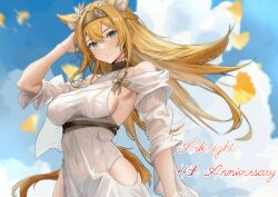 Rule 34 | 1girl, absurdres, animal ears, arknights, armpit cutout, bare shoulders, black choker, blonde hair, blue sky, braid, breasts, choker, clothing cutout, commentary request, copyright name, day, dress, french braid, grey eyes, grey hairband, hairband, highres, horn (arknights), horn (to effloresce whitely) (arknights), long hair, long sleeves, looking at viewer, medium breasts, off-shoulder dress, off shoulder, official alternate costume, sideboob, sky, solo, sora mame (princess 0sora), upper body, very long hair, white dress, wolf ears