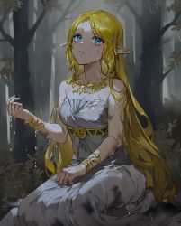 Rule 34 | 1girl, blonde hair, blue eyes, breasts, bush, commentary, dress, forest, gown, hair ornament, hairclip, highres, jewelry, long hair, nature, night, nintendo, on floor, outdoors, pointy ears, princess zelda, rain, rke, solo, the legend of zelda, the legend of zelda: breath of the wild, water drop, wet, wet clothes, wet hair
