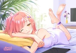 Rule 34 | 1girl, ankle ribbon, barefoot, blush, feet, leg ribbon, lilia creative, long hair, looking at viewer, lying, on stomach, one eye closed, parted lips, pink hair, ribbon, side ponytail, soles, the pose, toes, yellow eyes