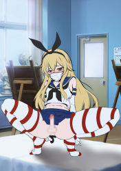 Rule 34 | 1boy, artist request, blush, brown eyes, censored, cosplay, crossdressing, erection, highres, kantai collection, long hair, male focus, mask, mouth mask, no panties, original, penis, school uniform, serafuku, shimakaze (kancolle) (cosplay), skirt, solo, spread legs, squatting, striped clothes, striped thighhighs, testicles, thighhighs, trap